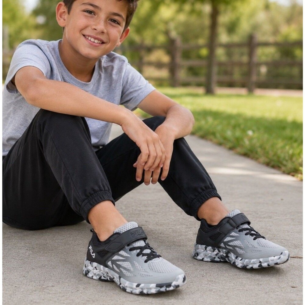 Size 6 FILA Kids Black Grey & Urban Camo Athletic Sneakers Unisex Lightweight